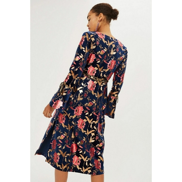 Topshop Foil Floral Plunge Wrap Dress Navy/Gold - Picture 3 of 10